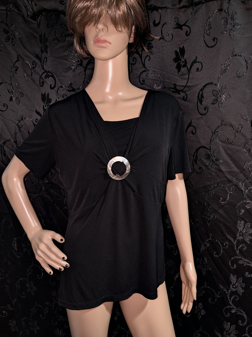 JM Collection Black Short-Sleeve V-Neck Top with Silver Ring Accent